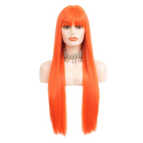 Siudus Orange Long Straight Wigs for Women with Bangs Heat Resistant Synthetic Wig Cosplay Halloween Daily Party Hair Wigs