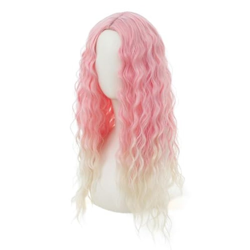 Salaibs Pink Long Curly Wavy Wigs for Women Pink to Blonde Middle Part Wig Heat Resistant Synthetic Hair Wig for Halloween Cosplay Use