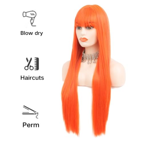 Siudus Orange Long Straight Wigs for Women with Bangs Heat Resistant Synthetic Wig Cosplay Halloween Daily Party Hair Wigs