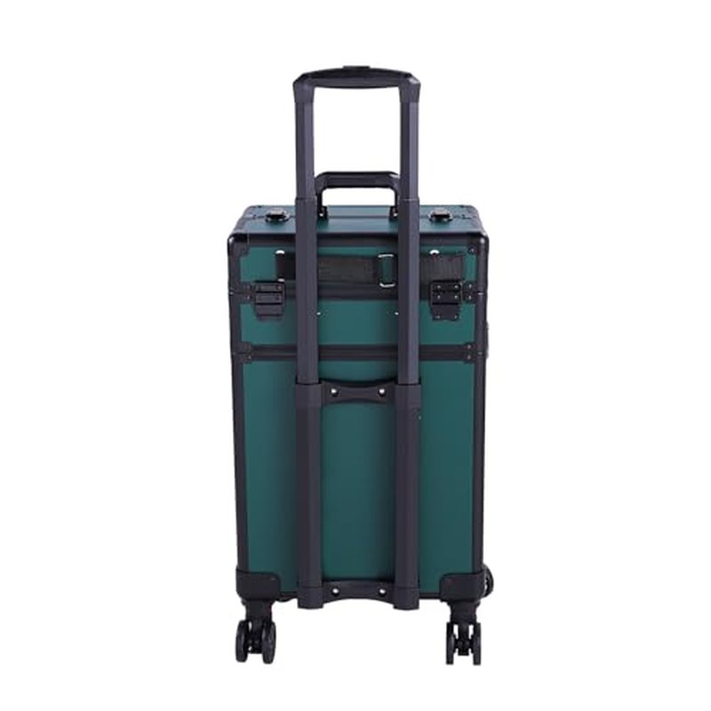4 in 1 Rolling Makeup Train Case, Professional Aluminum Makeup Travel Organizer Cosmetic Case, Cosmetology Caboodle Case on 360° Wheels, Beauty Storage Luggage Lockable(Dark Green)