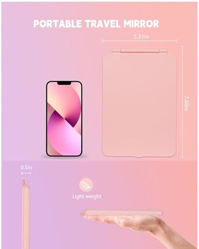 Dec.Metu Travel Mirror with Lights Makeup Mirror Touch Screen 3 Colors Light 72 LEDs Rechargeable, 1000mHA 7.9x5.3-Inch Desk Compact Mirror Pink