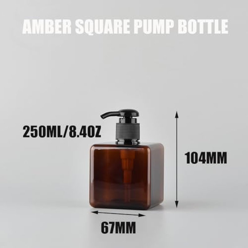 2PCS 250ML/8.4oz Amber Square Pump Bottle Empty Plastic Lotion Dispenser Toiletries Storage Containers Refillable Pump Bottles for Dispensing Lotions Shampoos