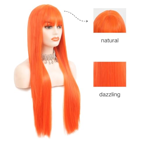 Siudus Orange Long Straight Wigs for Women with Bangs Heat Resistant Synthetic Wig Cosplay Halloween Daily Party Hair Wigs