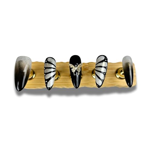 Yabonica Handmade Press On Nails Black-Hand Painted Press On Nail Medium Almond False Nail-Glue On Nail 3D Butterfly Charm Design-Resuable Stick On Nail for Woman-10 pcs Acrylic Fake Nail Art(011, M)