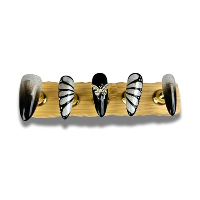 Yabonica Handmade Press On Nails Black-Hand Painted Press On Nail Medium Almond False Nail-Glue On Nail 3D Butterfly Charm Design-Resuable Stick On Nail for Woman-10 pcs Acrylic Fake Nail Art(011, M)
