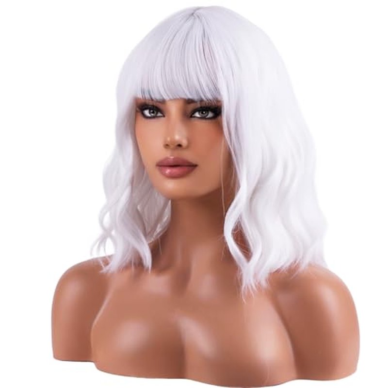 WTHCOS White Wig Short Bob Wig Short White Wig With Bangs Curly Wavy White Wig for Women Heat Resistant Synthetic Hair Wigs for Daily Use Cosplay Wig With Wig Cap