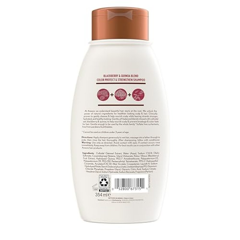 Aveeno Blackberry Quinoa Protein Blend Sulfate-Free Shampoo for Color-Treated Hair Protection, Daily Strengthening & Moisturizing Shampoo, Paraben & Dye-Free, 12 Fl Oz (Packaging may vary)