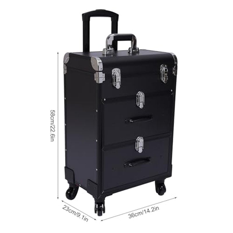 PalaUha Rolling Makeup Train Case Professional Cosmetic Organizer Trolley with Drawers Compartment Nail Case Wheeled Manicure Pedicure Storage Case for Hair Stylists Makeup Artists (Black & Silver A)