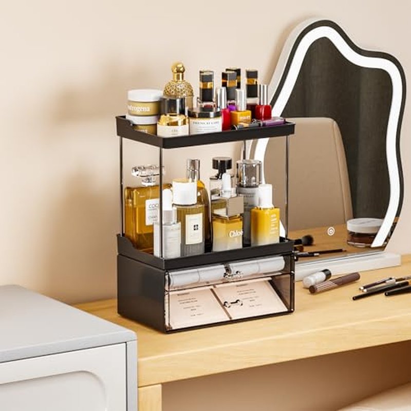 Yieach 2 Pack Clear Makeup Organizer With Drawers - Stackable Design,14.5" Tall Large Capacity - Suitable as Bathroom Counter Organizer,Vanity Beauty Organizer,Dresser Top Organizer for Bedroom