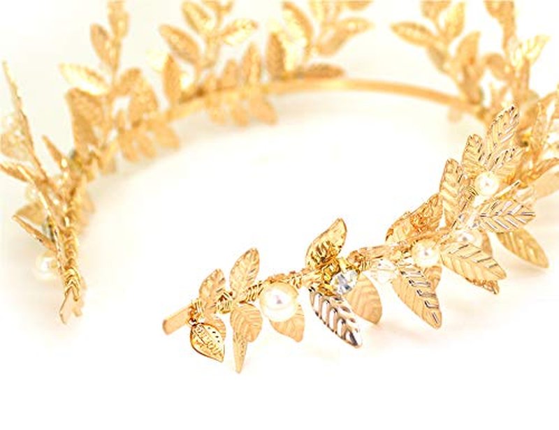 OUMOU The White Ribbon at the 2 Ends for Tying a Bow Hair Accessory Roman Goddess Leaf Branch Dainty Pearls Bridal Headpiece Head Dress Boho Alice Band with Crystal (Rose Gold, 16")