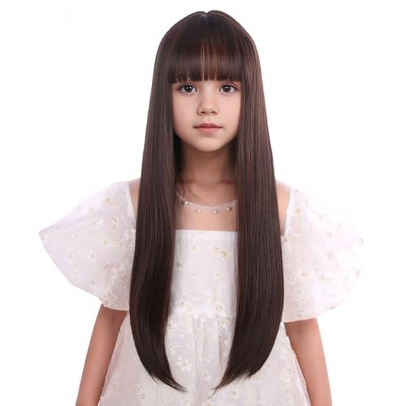 Edivd Brown Wig for Kids Girls Long Brown Wig with Air Bangs Long Brown Straight Wig for Child Heat Resistant Synthetic Wig with Wig Cap