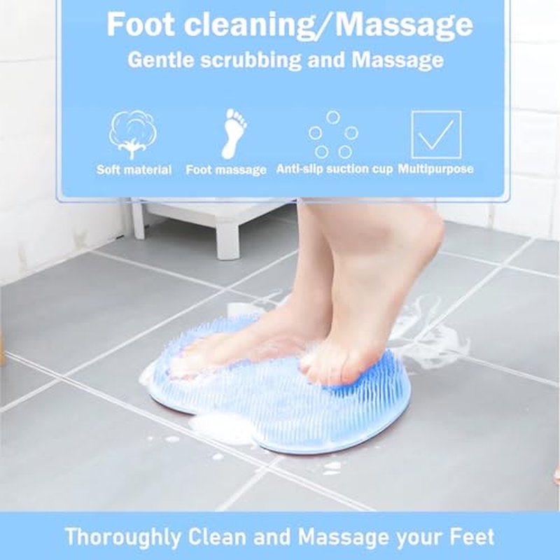 Shower Foot and Back Scrubber Mat,Wall Mounted Shower Foot Scrubber with Suction Cups,Exfoliating Silicone Massage Foot Cleaner for Shower(Blue)