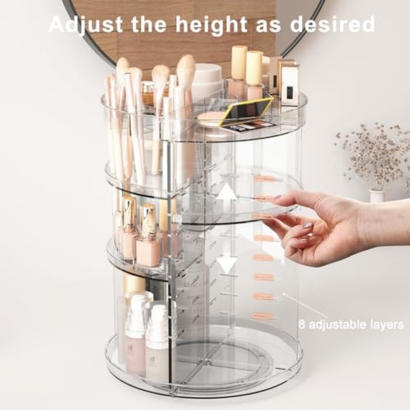 360 Rotating Makeup Organizer, Spinning Skincare Organizers with Slot Top, Makeup Organizers and Storage with 8 Adjustable Layers, Revolving Cosmetic Display Case for Vanity Bathroom Counter Black