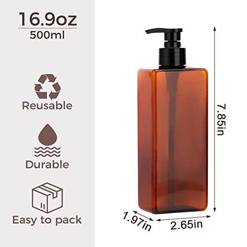 Suream Amber Shampoo and Conditioner Dispenser with Black Plastic Pump, 16.9oz Refillable Shower Bottle for Bathroom, Empty Container for Body Wash, Hand Soap, Lotion, Massage Oil