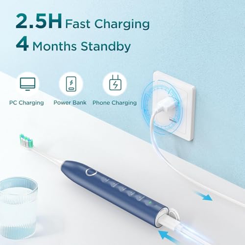Fronix Electric Toothbrush for Adults with 8 Brush Heads, Sonic Toothbrush Rechargeable with a Holder & Travel Case, 2.5 Hours Charge for 120 Days Use - Blue