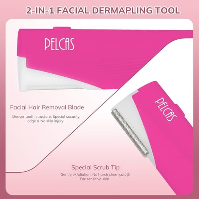PELCAS Electric Dermaplaning Tool Kit With LED Light, Mini Face Dermaplaning Razor, Painless 3 Speeds Facial Peach Fuzz, Exfoliation, Dead Skin & Hair Removal System for Women with 6 Replace Blades