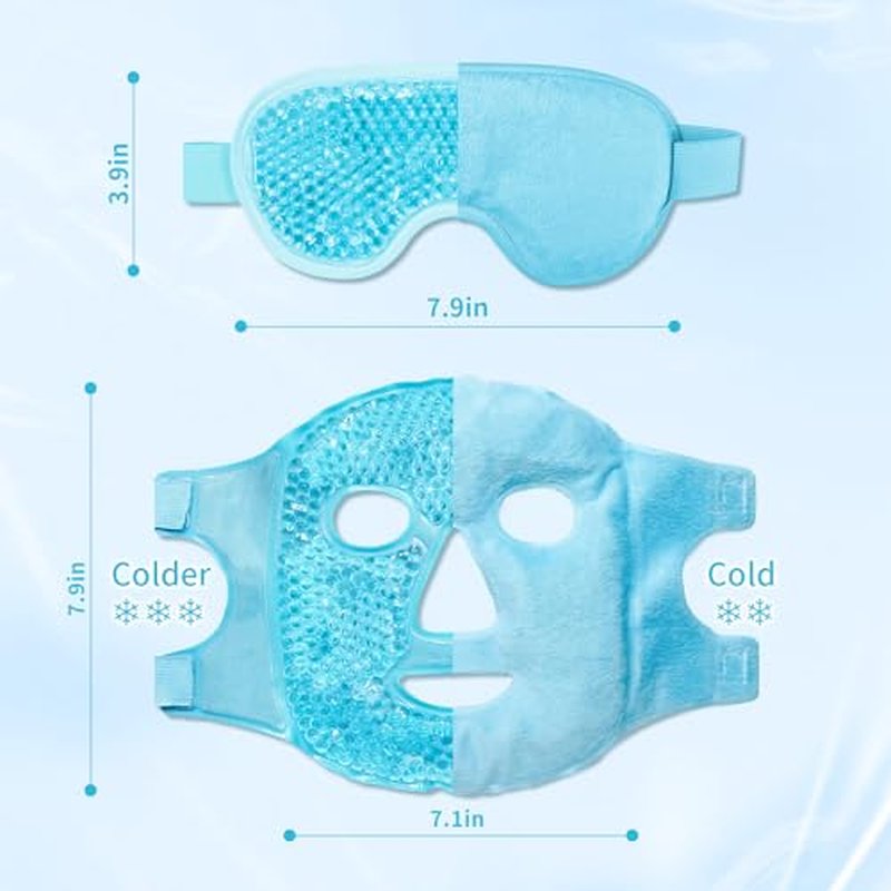 Cooling Eye Mask and Ice Face Mask Set for Reducing Puffiness, Bags Under The Eyes, Sinus, Redness, Pain Relief, Dark Circles, Migraine, and Hot Cold Use Reusable with Super Soft Lining (Blue Set)