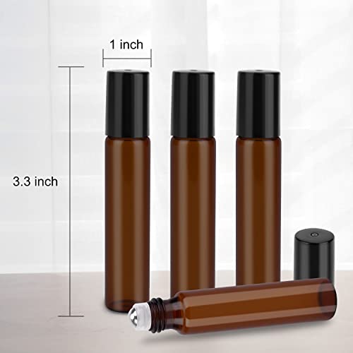 sungwoo 4 Pack Essential Oil Roller Bottles Stainless Steel, 10ml Amber Glass Roller Bottles with Caps for Travel, Perfume and Lip Gloss