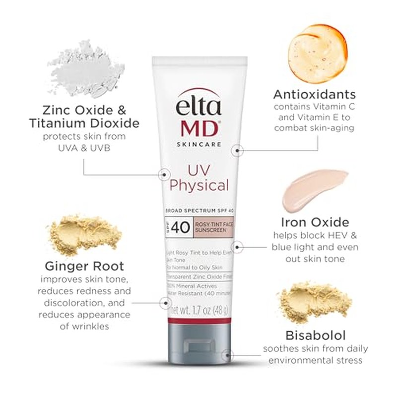 EltaMD UV Physical Rosy Tint Sunscreen for Face, SPF 41 Antixoidant Tinted Sunscreen, 100% Mineral Actives, 1.7 oz
