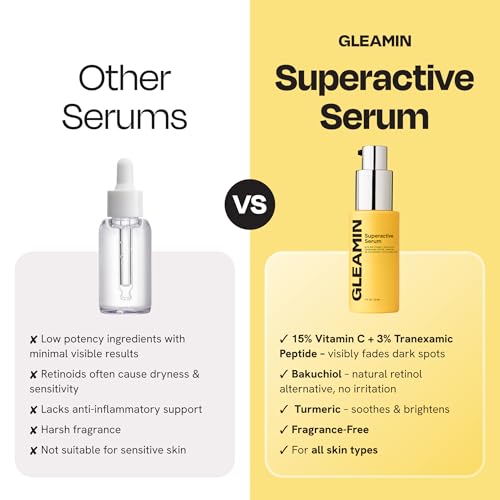 Gleamin Superactive Vitamin C Serum for Face with 15% Vitamin C, Niacinamide, Bakuchiol & Hyaluronic Acid ? Skin Brightening Facial Serum for Women & Men ? Dark Spot Remover & Radiant Glow ? 1 fl oz