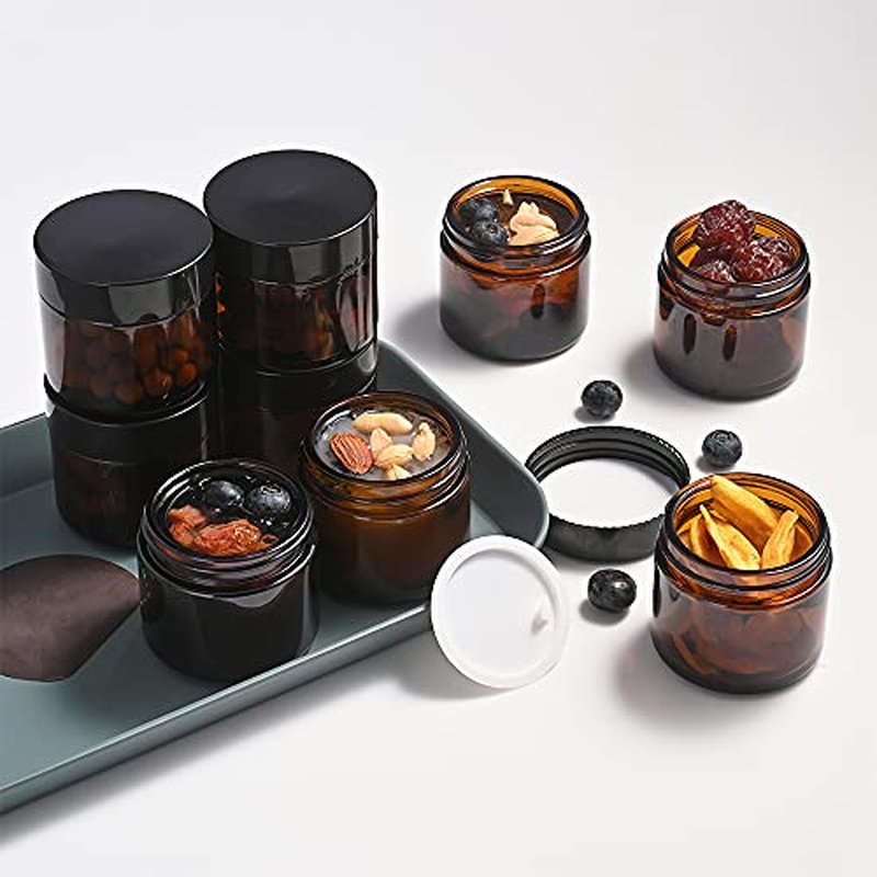 2 oz Amber Glass Jars with Lids, Bumobum 3 pack Small Jars with White Labels & Inner Liners, 60 ml Empty Round Cosmetic Containers for Sample, Powder, Cream, Lotion, Spice
