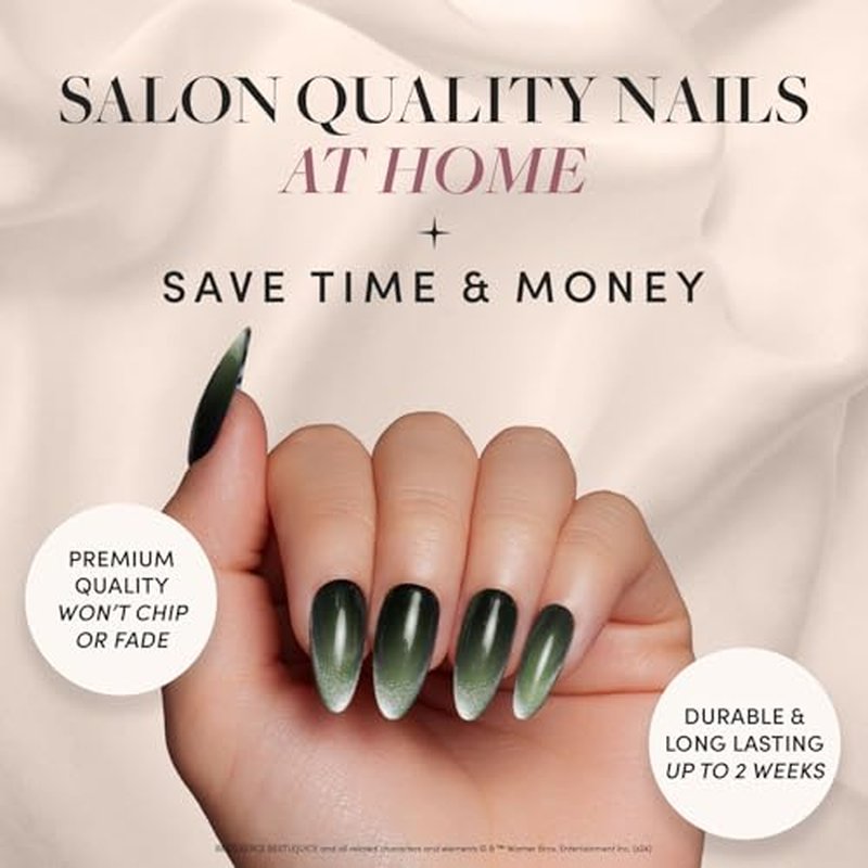 Beetlejuice Beetlejuice™ x Glamnetic Press On Nails - Ghost House™| Opaque Black & Navy Graphic Long Coffin False Nails, Reusable Stick On Fake Nails with Glue | Salon Quality | 15 Sizes - 30 Nail Kit