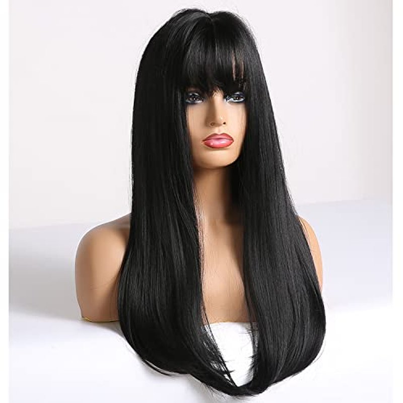 RightOn Black Wig for Women Long Straight Wig Black Wig with Bangs Long Wig Black Straight Wigs Full Machine Wig for Daily Cosplay Party