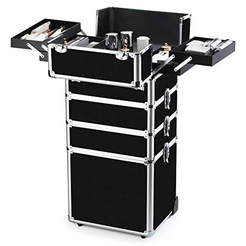 OUDMAY Makeup Train Case 4 in 1 Professional Cosmetics Rolling Organizer Aluminum Frame and Folding Trays