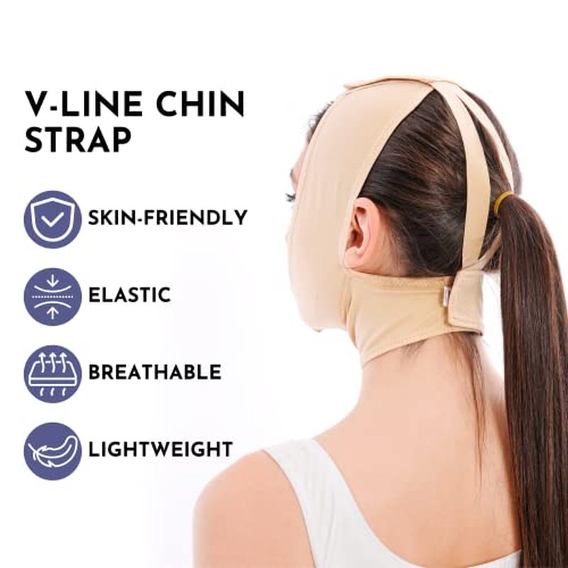 Post Surgery Facial Compression Neck Coverage Chin Strap, V-Shaped Face Slimmer, Jowl Tightening Chin Lifting Double Chin Reducer Band (S/M, Beige)