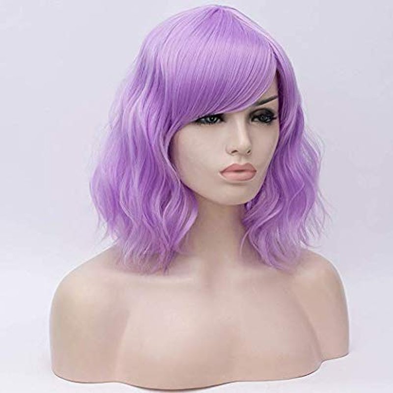 PLUSKER 40cm/15.7inch Women Light Purple Short Curly Cosplay Wig with Side-Parted Bangs Lolita Style Hair Synthetic Heat Resistant Party Costume Wigs