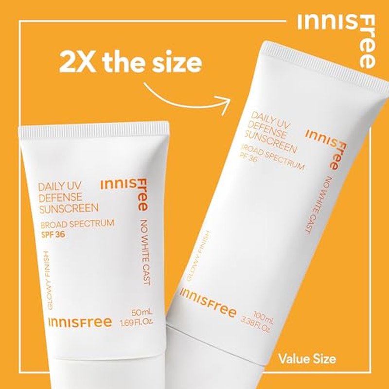 innisfree Daily UV Defense Sunscreen Broad Spectrum SPF 36, Invisible Korean Sunscreen for Face with No White Cast (Packaging May Vary)