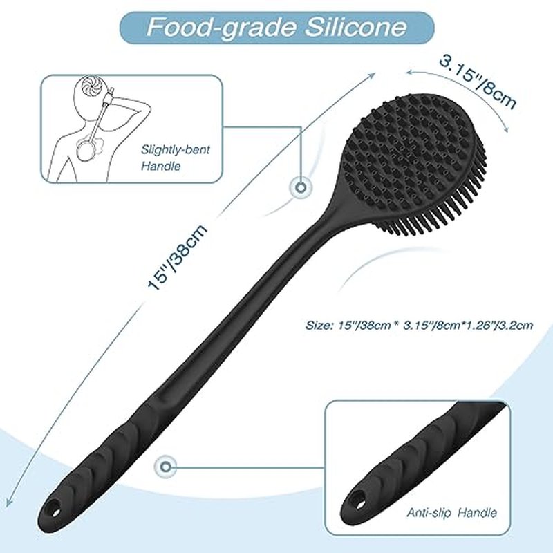 Manmihealth Silicone Back Scrubber (Thin Bristles) & Bath Glove & Face Brush Set(3PCS), Super-Exfoliating & Lathering Body Scrubber, Shower Brush, Face Scrubber Combination, with a Free Hook.(Black)