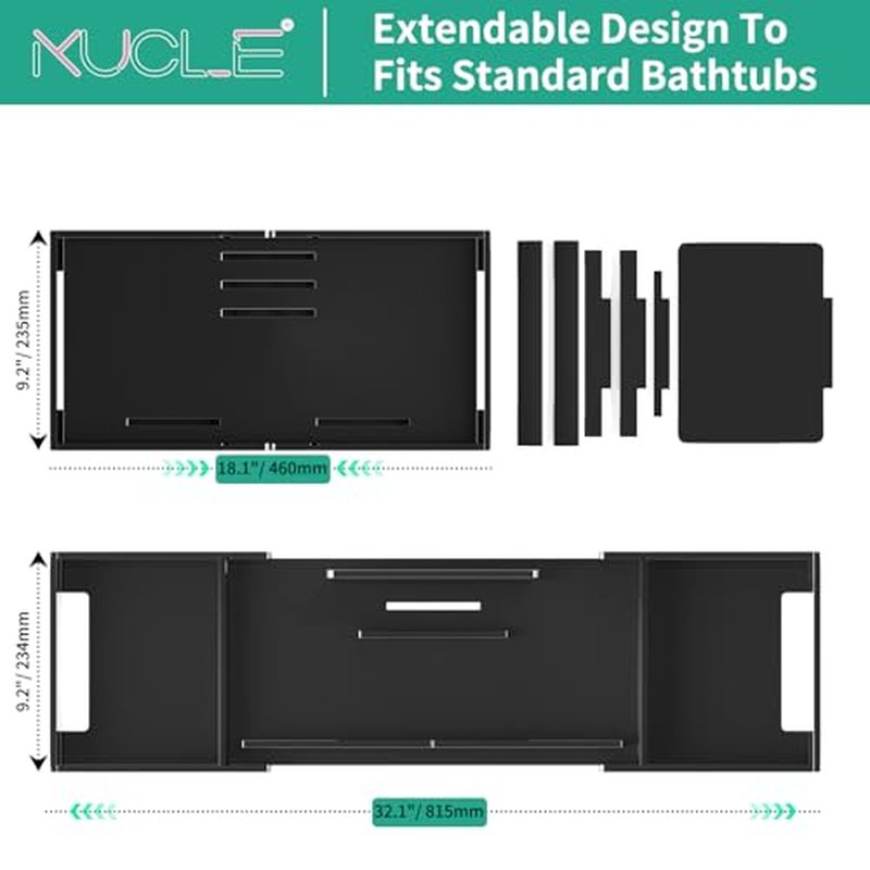 Kucle Expandable Acrylic Bathtub Tray - 18-32 Inches Bath Caddy Tray for Bathtub, Luxury Bath Tub Tray Table for Home Spa, Bath Tray for Tub, Bathroom Tub Accessory Birthday Gift for Her (Black)
