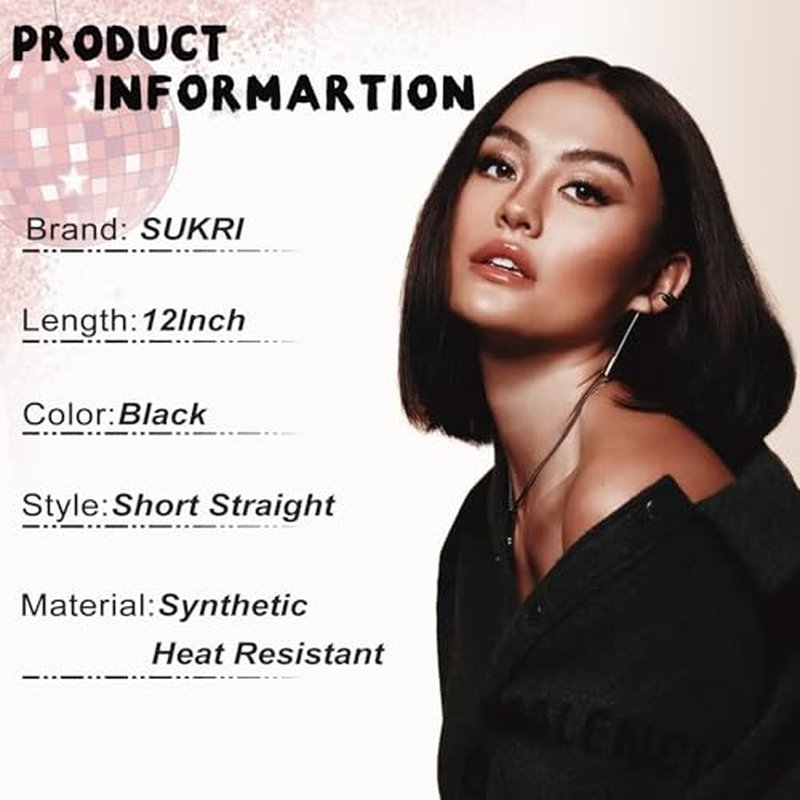 SUKRI Black Bob Wigs for Women Short Straight Bob Wigs with Bangs Middle Part Synthetic Cosplay Costume Party Wigs