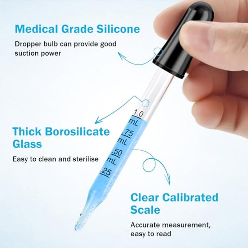 Herain Glass Eye Dropper Pipette 10 Pack, Ear Eye Dropper Bent & Straight Tips, 1 ml Droppers for Essential Oils, Lab, Health Care, Crafts, Measuring and Transferring a Variety of Liquids