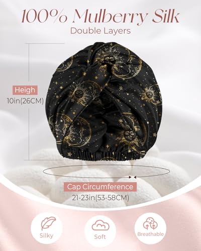 Miss Adola Silk Bonnet for Women - Mulberry Silk Sleep Cap for Hair Care with Eye Mask & Scrunchie 19 Momme Night Cap Sleeping Set with Elastic Stay On Head, Black Sun Moon