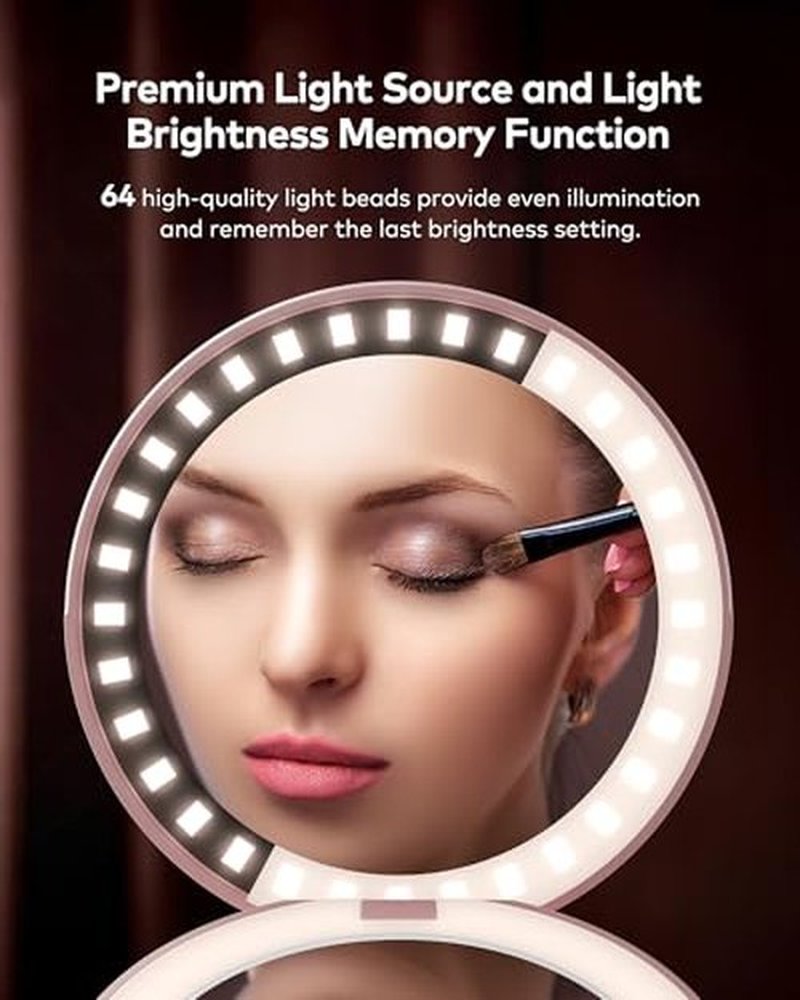 llano Compact Mirror, Lighted Travel Makeup Mirror with 1X/2X Magnifying Double Sided Dimmable Portable Pocket Mirror for Handbag and Pocket,Foldable Compact Mirror 3.6"L x 0.8"W, USB Charging (Pink)