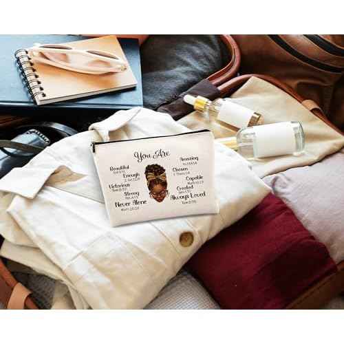 kdqua Inspirational African American Makeup Bag, Black Girl Gifts for Black Women Girls Sisters, Afro Queen You Are Beautiful Strong Amazing Gifts Linen Cosmetic Bag Zipper Pouch Travel Toiletry Bag