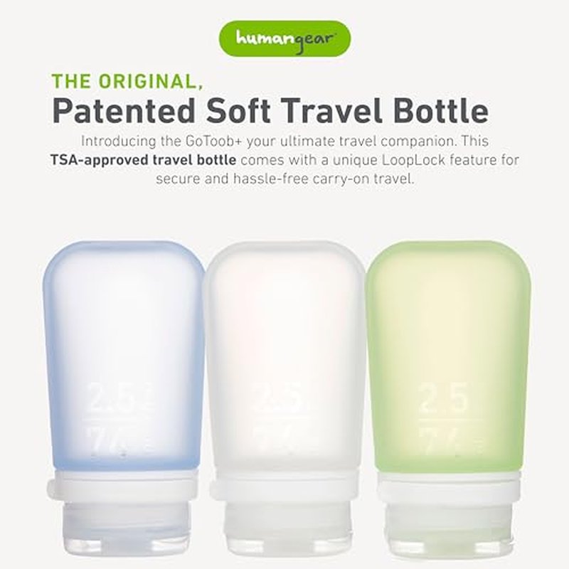 humangear GoToob+ Refillable Silicone Travel Size Bottles with Locking Cap, 3pk Set, Clear/Green/Blue, Small (1.7 fl.oz; 53ml)