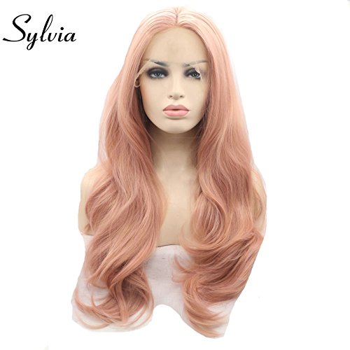 Sylvia Peach Pink Lace Front Wigs Long Curly Wave Layered Dusty Pink Heat Safe Synthetic Hair Lace Front Wigs Decent Parting Space Transparent Lace for White Pale Scalp for Drag Queen…