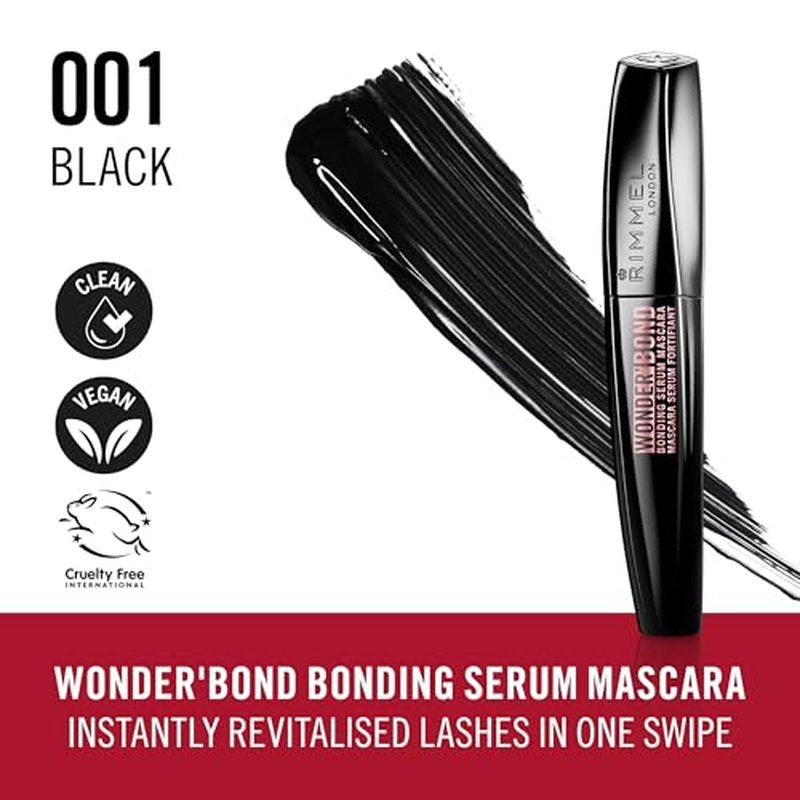 Rimmel Wonder'Bond, 001 Black, Mascara, Bonding Serum Mascara, Volumizing Mascara, Instantly Revitalized Lashes, With Biotin Bonding Complex, Smudge Proof, No Clumps, 0.39oz