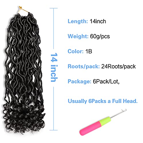 Goddess Locs Crochet Hair 6 Packs 14 Inch Wavy Curly Faux Locs Crochet Hair Pre Looped Crochet Synthetic Braids Hair With Curly Ends Crochet Faux Locs Hair for Black Women(14Inch, 6 Packs 1B)