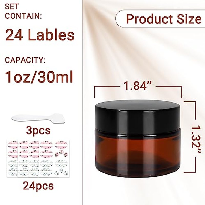 Keketin 1 oz Amber Glass Jars,24 Pack Empty Cosmetic Containers with Black Screw Lids,Refillable Round Cream Jars for Lotion,Bath Salts,Travel
