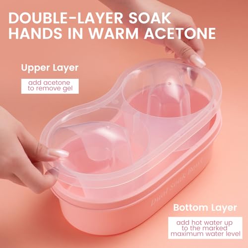 Dual Nail Soaking Bowl Acetone Proof: Nail Polish Acrylic Nail Remover Soak Off Bowl- Dip Powder Remover Manicure Bowl for Salon Home Use (Pink)