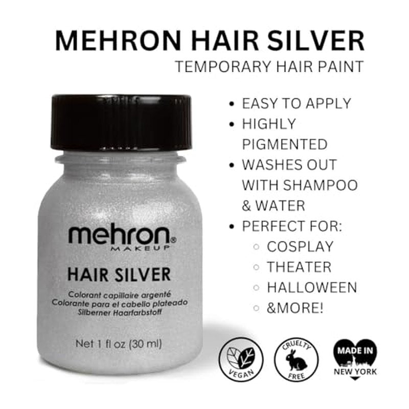 Mehron Makeup Hair White | Washable White Hair Dye | Temporary Hair Color for Theatre, Cosplay, & Halloween 1 fl oz (30ml) (Silver)