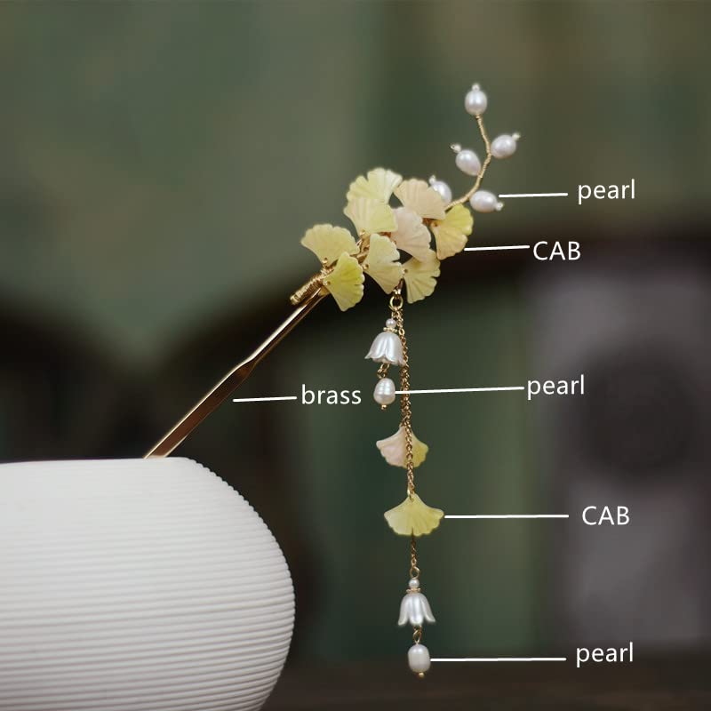 Yuri Hairpin Hair Clasp Sticks Picks Pearl Shell White Crystal Long tassels Hair Accessories For Long Hair Women Wedding Hanfu Cheongsam (yellow)