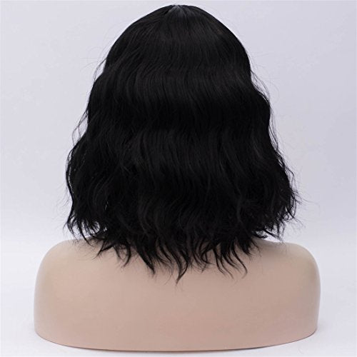 BUFASHION 14" Women Short Wavy Curly Wig Pink Bob Wig Cosplay Halloween Synthetic Wigs With Neat Bang Wig With Free Wig Cap (Pink 1)
