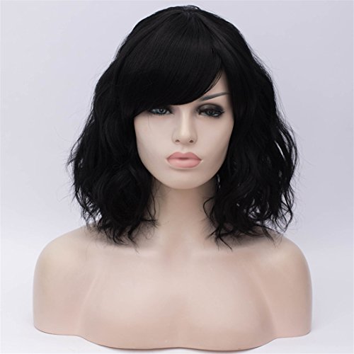 BUFASHION 14" Women Short Wavy Curly Wig Pink Bob Wig Cosplay Halloween Synthetic Wigs With Neat Bang Wig With Free Wig Cap (Pink 1)