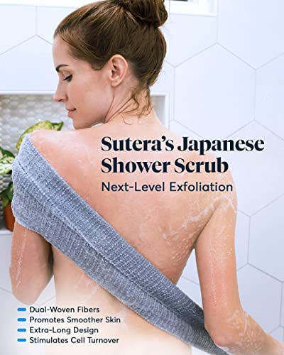 SUTERA - Exfoliating Shower Towel, Premium Japanese Scrub Wash Cloth, Deep Cleanse for Body Face, Microabrasion Duo Fibers Durable Quick Drying, Asian Spa Skin Care Bath Washclose, Extra Long Design