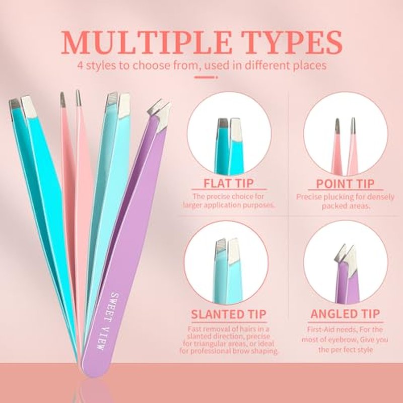SWEET VIEW 7pcs Eyebrow Tweezers Set, Stainless Steel Tweezers for Women and Man, Precision Plucker Tweezers for Facial Hair, Chin, Eyebrow, Splinter and Ingrown Hair